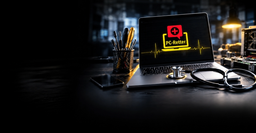 Dunkle, moderne PC-Werkstatt mit Laptop und PC-Retter-Logo auf dem Bildschirm, umgeben von Reparaturwerkzeug, technischem Zubehör und einem Stethoskop.