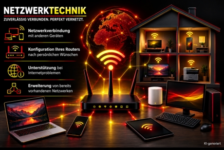 Modern gestaltete Grafik zum Thema Netzwerktechnik. Im Mittelpunkt steht ein WLAN-Router, der per leuchtenden Verbindungen mit Laptop, Smartphone, Tablet, Computer, Drucker und weiteren Geräten vernetzt ist. Im Hintergrund sind eine digitale Weltkugel und