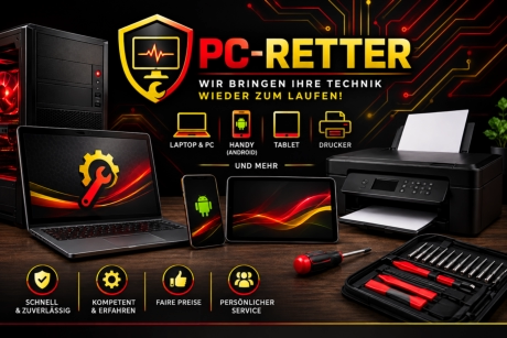Werbebild von PC-Retter mit dunklem, modernem Technikdesign. Zu sehen sind ein Desktop-PC, Laptop, Android-Smartphone, Tablet und Drucker sowie ein Werkzeugset. Im oberen Bereich befindet sich das PC-Retter-Logo mit dem Slogan „Wir bringen Ihre Technik wi