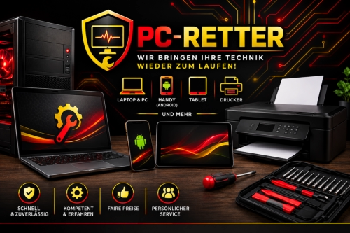 Werbebild von PC-Retter mit dunklem, modernem Technikdesign. Zu sehen sind ein Desktop-PC, Laptop, Android-Smartphone, Tablet und Drucker sowie ein Werkzeugset. Im oberen Bereich befindet sich das PC-Retter-Logo mit dem Slogan „Wir bringen Ihre Technik wi